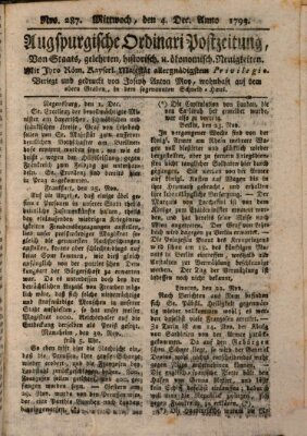 Augsburgische Ordinari Postzeitung von Staats-, gelehrten, historisch- u. ökonomischen Neuigkeiten (Augsburger Postzeitung) Mittwoch 4. Dezember 1793