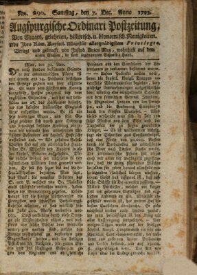 Augsburgische Ordinari Postzeitung von Staats-, gelehrten, historisch- u. ökonomischen Neuigkeiten (Augsburger Postzeitung) Samstag 7. Dezember 1793