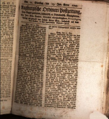 Augsburgische Ordinari Postzeitung von Staats-, gelehrten, historisch- u. ökonomischen Neuigkeiten (Augsburger Postzeitung) Dienstag 13. Januar 1795