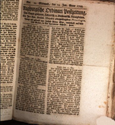 Augsburgische Ordinari Postzeitung von Staats-, gelehrten, historisch- u. ökonomischen Neuigkeiten (Augsburger Postzeitung) Mittwoch 14. Januar 1795