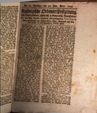 Augsburgische Ordinari Postzeitung von Staats-, gelehrten, historisch- u. ökonomischen Neuigkeiten (Augsburger Postzeitung) Dienstag 20. Januar 1795