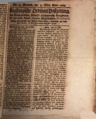 Augsburgische Ordinari Postzeitung von Staats-, gelehrten, historisch- u. ökonomischen Neuigkeiten (Augsburger Postzeitung) Mittwoch 4. März 1795