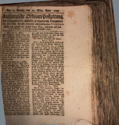 Augsburgische Ordinari Postzeitung von Staats-, gelehrten, historisch- u. ökonomischen Neuigkeiten (Augsburger Postzeitung) Freitag 27. März 1795