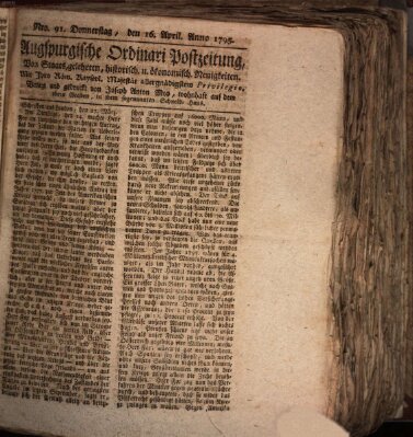 Augsburgische Ordinari Postzeitung von Staats-, gelehrten, historisch- u. ökonomischen Neuigkeiten (Augsburger Postzeitung) Donnerstag 16. April 1795