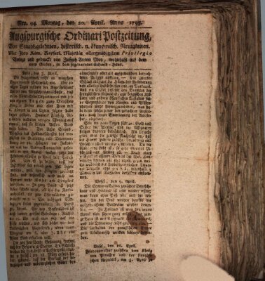 Augsburgische Ordinari Postzeitung von Staats-, gelehrten, historisch- u. ökonomischen Neuigkeiten (Augsburger Postzeitung) Montag 20. April 1795