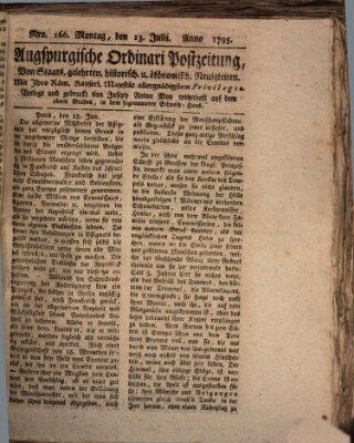 Augsburgische Ordinari Postzeitung von Staats-, gelehrten, historisch- u. ökonomischen Neuigkeiten (Augsburger Postzeitung) Montag 13. Juli 1795