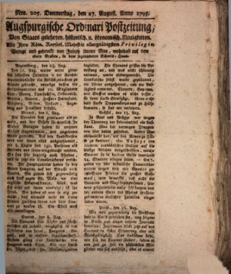 Augsburgische Ordinari Postzeitung von Staats-, gelehrten, historisch- u. ökonomischen Neuigkeiten (Augsburger Postzeitung) Donnerstag 27. August 1795