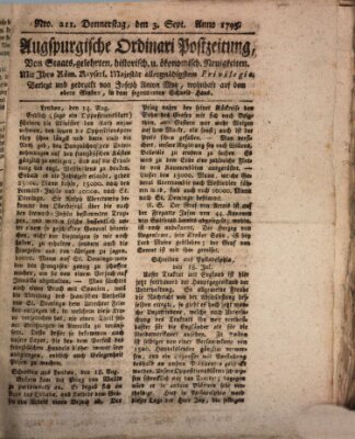 Augsburgische Ordinari Postzeitung von Staats-, gelehrten, historisch- u. ökonomischen Neuigkeiten (Augsburger Postzeitung) Donnerstag 3. September 1795