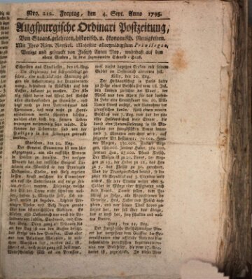 Augsburgische Ordinari Postzeitung von Staats-, gelehrten, historisch- u. ökonomischen Neuigkeiten (Augsburger Postzeitung) Freitag 4. September 1795