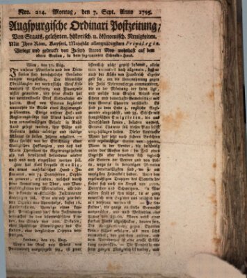 Augsburgische Ordinari Postzeitung von Staats-, gelehrten, historisch- u. ökonomischen Neuigkeiten (Augsburger Postzeitung) Montag 7. September 1795