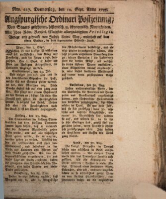 Augsburgische Ordinari Postzeitung von Staats-, gelehrten, historisch- u. ökonomischen Neuigkeiten (Augsburger Postzeitung) Donnerstag 10. September 1795