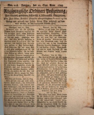 Augsburgische Ordinari Postzeitung von Staats-, gelehrten, historisch- u. ökonomischen Neuigkeiten (Augsburger Postzeitung) Freitag 11. September 1795