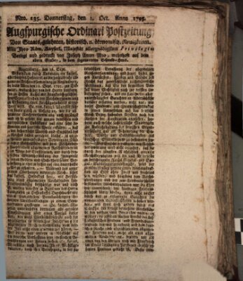 Augsburgische Ordinari Postzeitung von Staats-, gelehrten, historisch- u. ökonomischen Neuigkeiten (Augsburger Postzeitung) Donnerstag 1. Oktober 1795