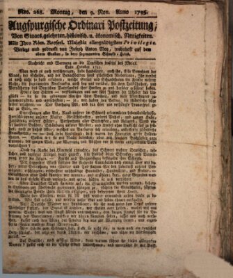 Augsburgische Ordinari Postzeitung von Staats-, gelehrten, historisch- u. ökonomischen Neuigkeiten (Augsburger Postzeitung) Montag 9. November 1795