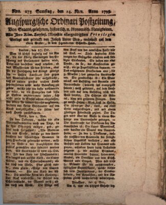 Augsburgische Ordinari Postzeitung von Staats-, gelehrten, historisch- u. ökonomischen Neuigkeiten (Augsburger Postzeitung) Samstag 14. November 1795