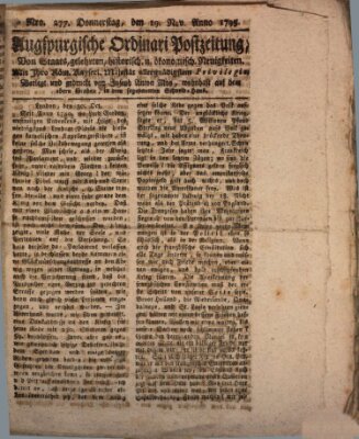 Augsburgische Ordinari Postzeitung von Staats-, gelehrten, historisch- u. ökonomischen Neuigkeiten (Augsburger Postzeitung) Donnerstag 19. November 1795