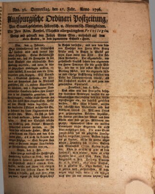 Augsburgische Ordinari Postzeitung von Staats-, gelehrten, historisch- u. ökonomischen Neuigkeiten (Augsburger Postzeitung) Donnerstag 11. Februar 1796