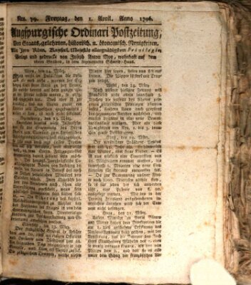 Augsburgische Ordinari Postzeitung von Staats-, gelehrten, historisch- u. ökonomischen Neuigkeiten (Augsburger Postzeitung) Freitag 1. April 1796