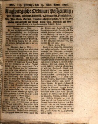 Augsburgische Ordinari Postzeitung von Staats-, gelehrten, historisch- u. ökonomischen Neuigkeiten (Augsburger Postzeitung) Freitag 13. Mai 1796