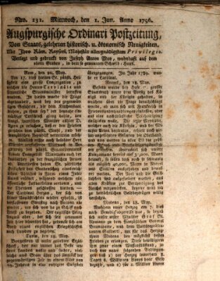 Augsburgische Ordinari Postzeitung von Staats-, gelehrten, historisch- u. ökonomischen Neuigkeiten (Augsburger Postzeitung) Mittwoch 1. Juni 1796