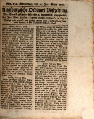 Augsburgische Ordinari Postzeitung von Staats-, gelehrten, historisch- u. ökonomischen Neuigkeiten (Augsburger Postzeitung) Donnerstag 2. Juni 1796