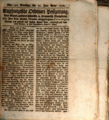 Augsburgische Ordinari Postzeitung von Staats-, gelehrten, historisch- u. ökonomischen Neuigkeiten (Augsburger Postzeitung) Samstag 11. Juni 1796