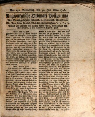 Augsburgische Ordinari Postzeitung von Staats-, gelehrten, historisch- u. ökonomischen Neuigkeiten (Augsburger Postzeitung) Donnerstag 30. Juni 1796