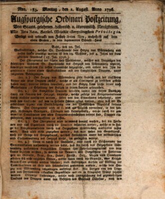 Augsburgische Ordinari Postzeitung von Staats-, gelehrten, historisch- u. ökonomischen Neuigkeiten (Augsburger Postzeitung) Montag 1. August 1796