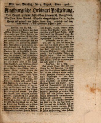 Augsburgische Ordinari Postzeitung von Staats-, gelehrten, historisch- u. ökonomischen Neuigkeiten (Augsburger Postzeitung) Dienstag 9. August 1796