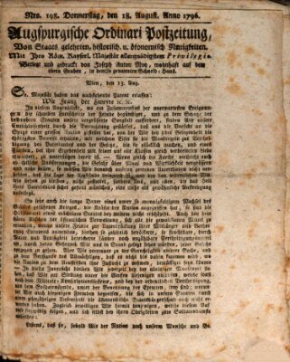 Augsburgische Ordinari Postzeitung von Staats-, gelehrten, historisch- u. ökonomischen Neuigkeiten (Augsburger Postzeitung) Donnerstag 18. August 1796