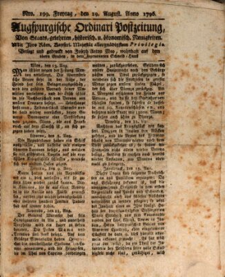 Augsburgische Ordinari Postzeitung von Staats-, gelehrten, historisch- u. ökonomischen Neuigkeiten (Augsburger Postzeitung) Freitag 19. August 1796