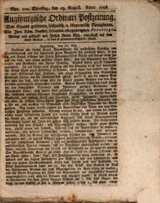 Augsburgische Ordinari Postzeitung von Staats-, gelehrten, historisch- u. ökonomischen Neuigkeiten (Augsburger Postzeitung) Dienstag 23. August 1796