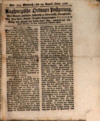 Augsburgische Ordinari Postzeitung von Staats-, gelehrten, historisch- u. ökonomischen Neuigkeiten (Augsburger Postzeitung) Mittwoch 24. August 1796