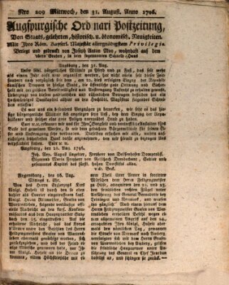 Augsburgische Ordinari Postzeitung von Staats-, gelehrten, historisch- u. ökonomischen Neuigkeiten (Augsburger Postzeitung) Mittwoch 31. August 1796