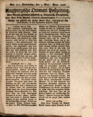 Augsburgische Ordinari Postzeitung von Staats-, gelehrten, historisch- u. ökonomischen Neuigkeiten (Augsburger Postzeitung) Donnerstag 1. September 1796