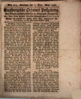 Augsburgische Ordinari Postzeitung von Staats-, gelehrten, historisch- u. ökonomischen Neuigkeiten (Augsburger Postzeitung) Dienstag 6. September 1796