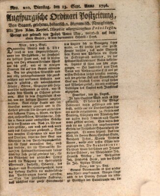 Augsburgische Ordinari Postzeitung von Staats-, gelehrten, historisch- u. ökonomischen Neuigkeiten (Augsburger Postzeitung) Dienstag 13. September 1796