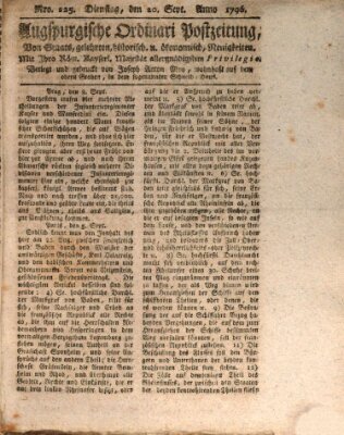 Augsburgische Ordinari Postzeitung von Staats-, gelehrten, historisch- u. ökonomischen Neuigkeiten (Augsburger Postzeitung) Dienstag 20. September 1796