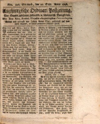 Augsburgische Ordinari Postzeitung von Staats-, gelehrten, historisch- u. ökonomischen Neuigkeiten (Augsburger Postzeitung) Mittwoch 21. September 1796