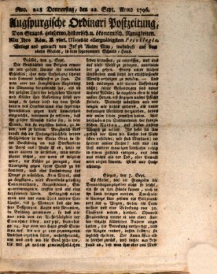 Augsburgische Ordinari Postzeitung von Staats-, gelehrten, historisch- u. ökonomischen Neuigkeiten (Augsburger Postzeitung) Donnerstag 22. September 1796