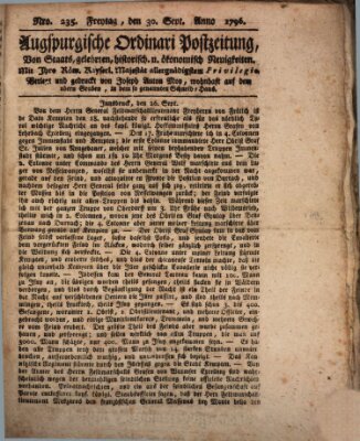 Augsburgische Ordinari Postzeitung von Staats-, gelehrten, historisch- u. ökonomischen Neuigkeiten (Augsburger Postzeitung) Freitag 30. September 1796