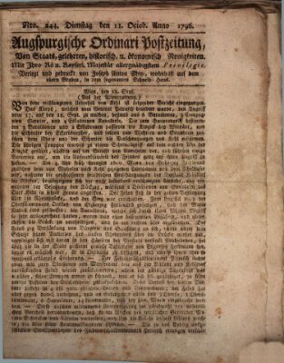 Augsburgische Ordinari Postzeitung von Staats-, gelehrten, historisch- u. ökonomischen Neuigkeiten (Augsburger Postzeitung) Dienstag 11. Oktober 1796