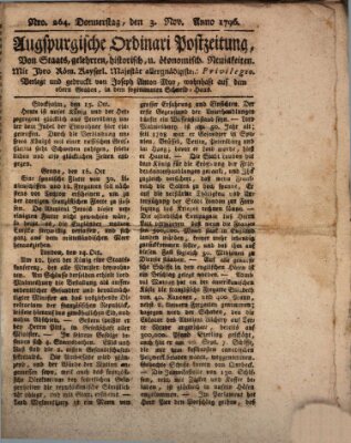 Augsburgische Ordinari Postzeitung von Staats-, gelehrten, historisch- u. ökonomischen Neuigkeiten (Augsburger Postzeitung) Donnerstag 3. November 1796