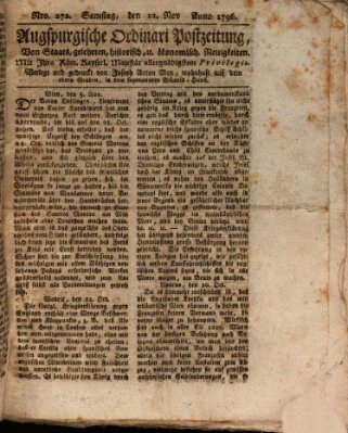 Augsburgische Ordinari Postzeitung von Staats-, gelehrten, historisch- u. ökonomischen Neuigkeiten (Augsburger Postzeitung) Samstag 12. November 1796