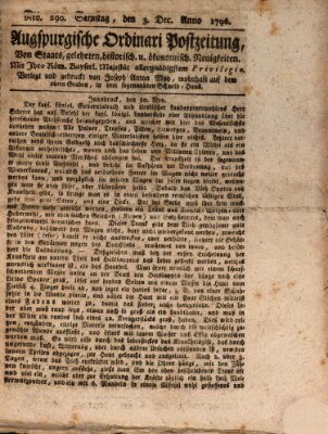 Augsburgische Ordinari Postzeitung von Staats-, gelehrten, historisch- u. ökonomischen Neuigkeiten (Augsburger Postzeitung) Samstag 3. Dezember 1796