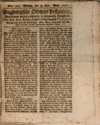 Augsburgische Ordinari Postzeitung von Staats-, gelehrten, historisch- u. ökonomischen Neuigkeiten (Augsburger Postzeitung) Montag 5. Dezember 1796