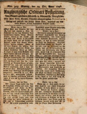 Augsburgische Ordinari Postzeitung von Staats-, gelehrten, historisch- u. ökonomischen Neuigkeiten (Augsburger Postzeitung) Montag 19. Dezember 1796
