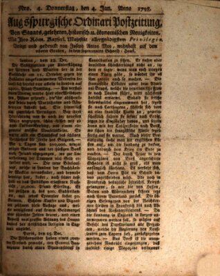 Augsburgische Ordinari Postzeitung von Staats-, gelehrten, historisch- u. ökonomischen Neuigkeiten (Augsburger Postzeitung) Donnerstag 4. Januar 1798