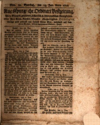 Augsburgische Ordinari Postzeitung von Staats-, gelehrten, historisch- u. ökonomischen Neuigkeiten (Augsburger Postzeitung) Samstag 13. Januar 1798