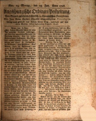 Augsburgische Ordinari Postzeitung von Staats-, gelehrten, historisch- u. ökonomischen Neuigkeiten (Augsburger Postzeitung) Montag 15. Januar 1798